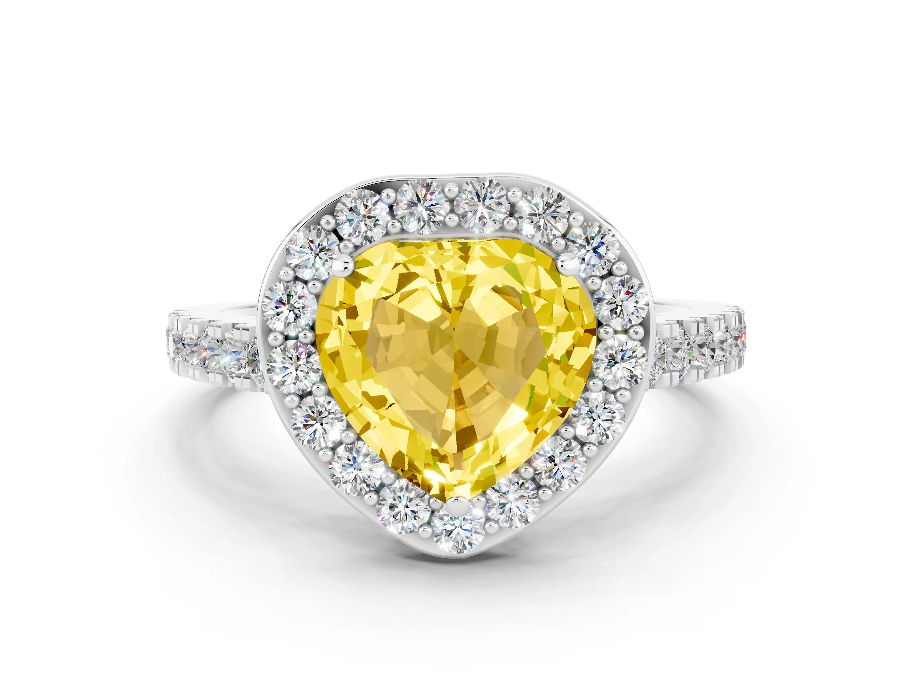 White gold Heart Cut Halo Diamond Ring with Pavé Band and Three-Prong Setting