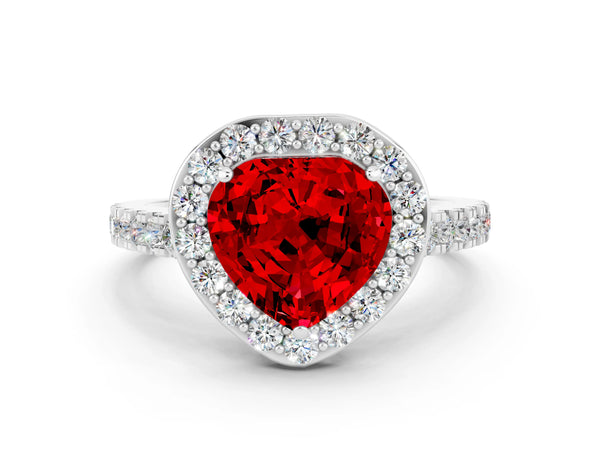 White gold Heart Cut Ruby Halo Ring with Round Pavé Split Shank and Prong Setting