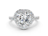 White gold Heart Cut Halo Diamond Ring with Pavé Band and Three-Prong Setting