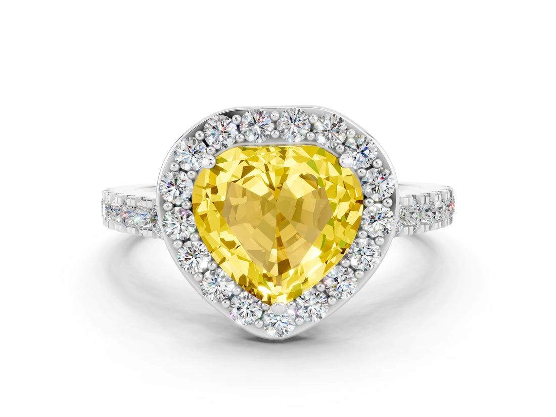 White gold Heart Cut Halo Diamond Ring with Pavé Band and Three-Prong Setting