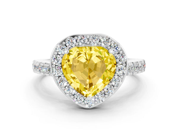 White gold Heart Cut Yellow Sapphire Halo Ring with Round Pavé Split Shank and Prong Setting