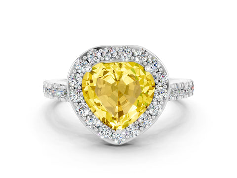 White gold Heart Cut Halo Diamond Ring with Pavé Band and Three-Prong Setting