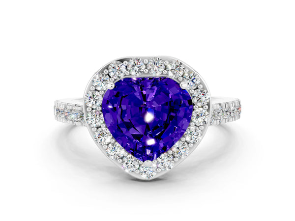 White gold Heart Cut Tanzanite Halo Ring with Round Pavé Split Shank and Prong Setting