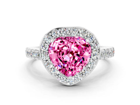 White gold Heart Cut Halo Diamond Ring with Pavé Band and Three-Prong Setting