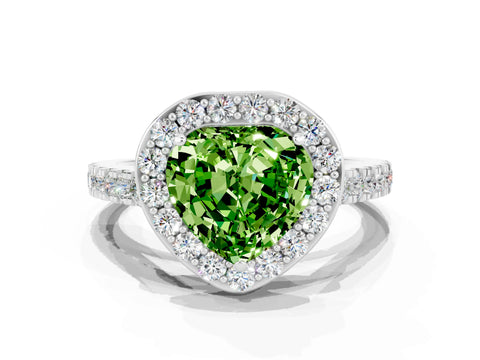 White gold Heart Cut Halo Diamond Ring with Pavé Band and Three-Prong Setting