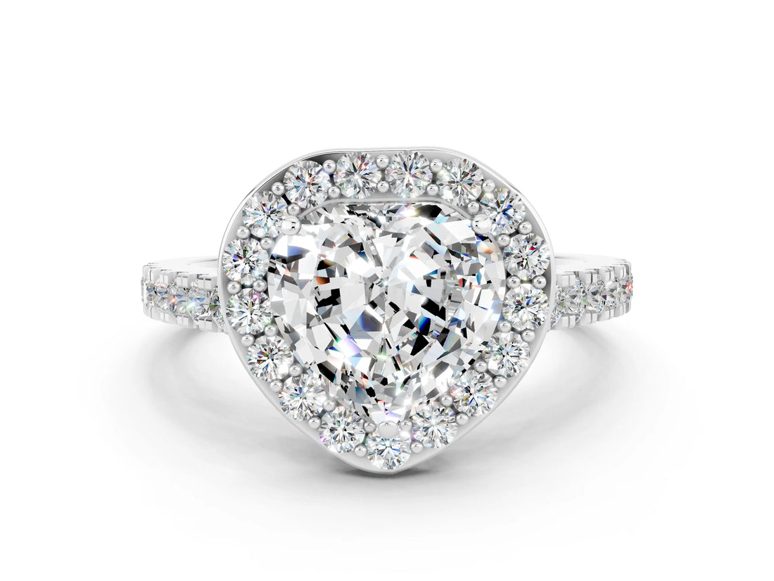 White gold Heart Cut Halo Diamond Ring with Pavé Band and Three-Prong Setting