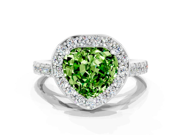Platinum Heart Cut Halo Diamond Ring with Pavé Band and Three-Prong Setting