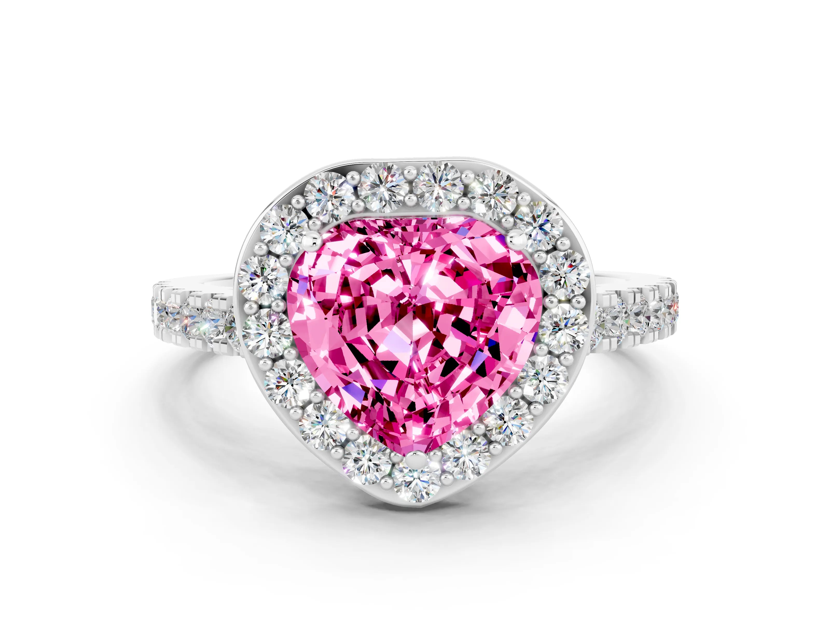 White gold Heart Cut Halo Diamond Ring with Pavé Band and Three-Prong Setting
