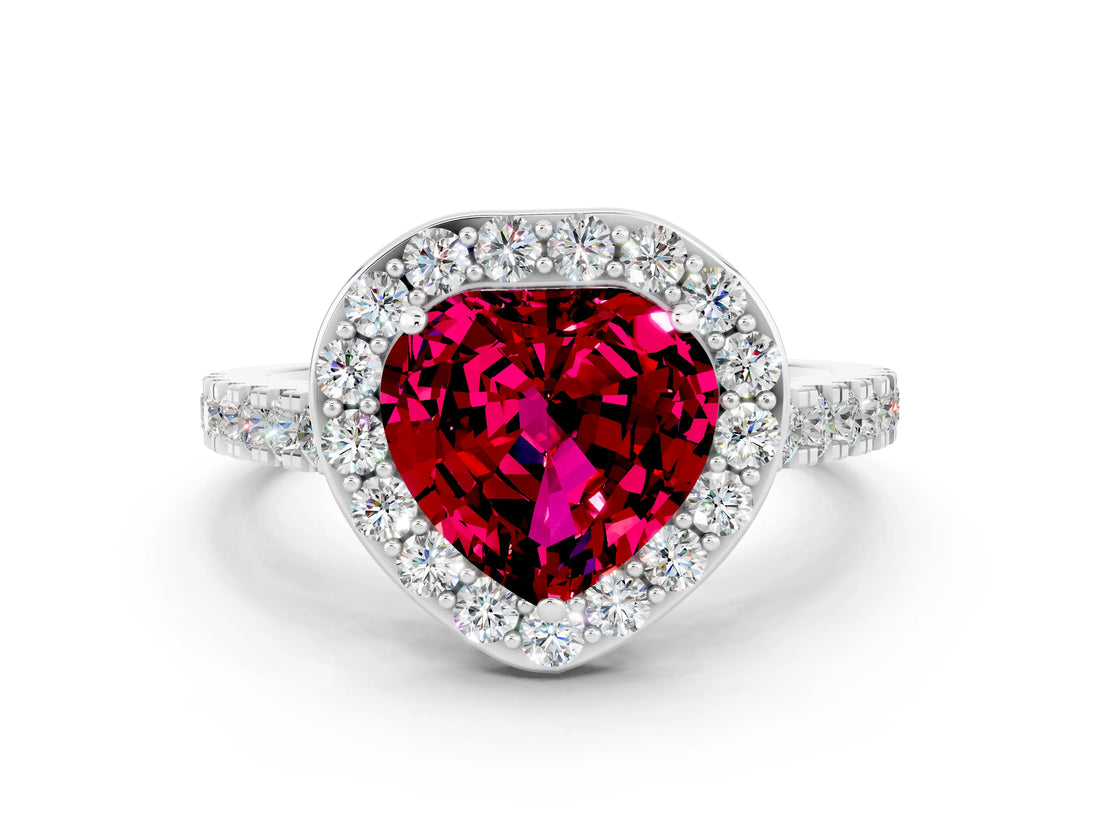 White gold Heart Cut Halo Diamond Ring with Pavé Band and Three-Prong Setting