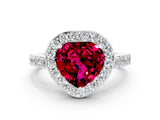White gold Heart Cut Halo Diamond Ring with Pavé Band and Three-Prong Setting