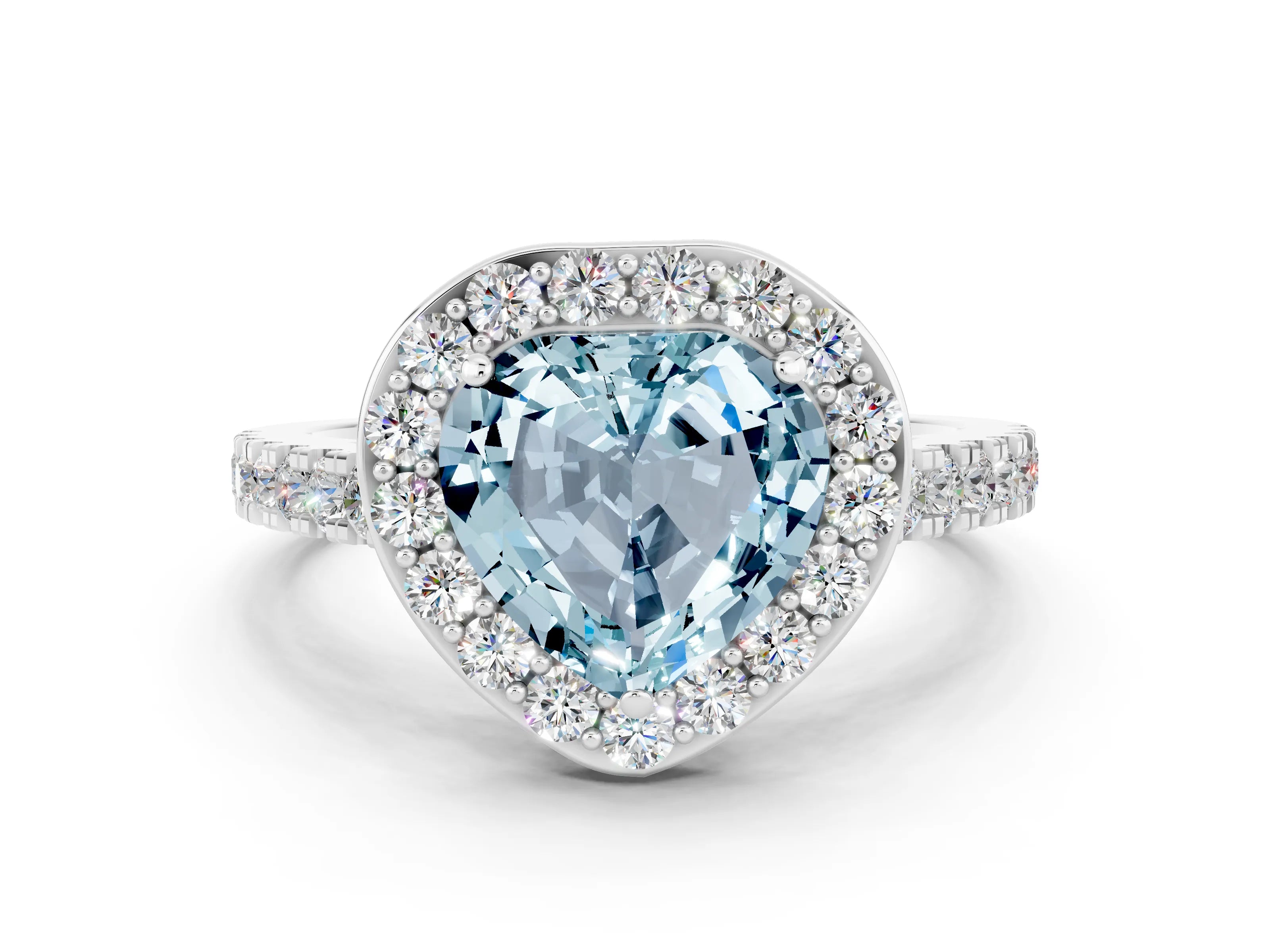 White gold Heart Cut Halo Diamond Ring with Pavé Band and Three-Prong Setting