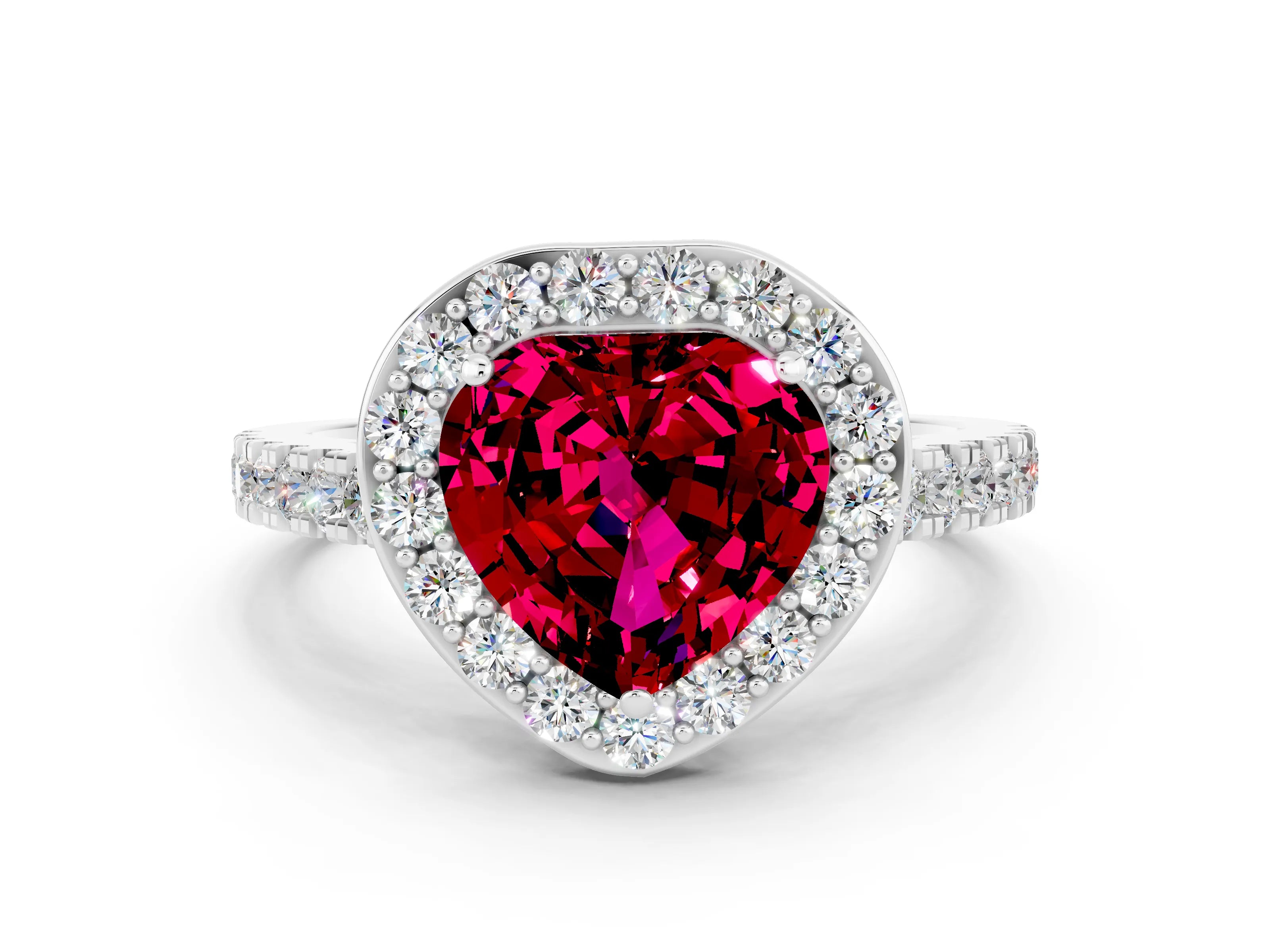 White gold Heart Cut Halo Diamond Ring with Pavé Band and Three-Prong Setting