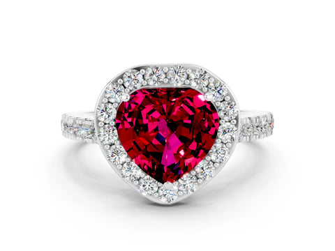White gold Heart Cut Halo Diamond Ring with Pavé Band and Three-Prong Setting