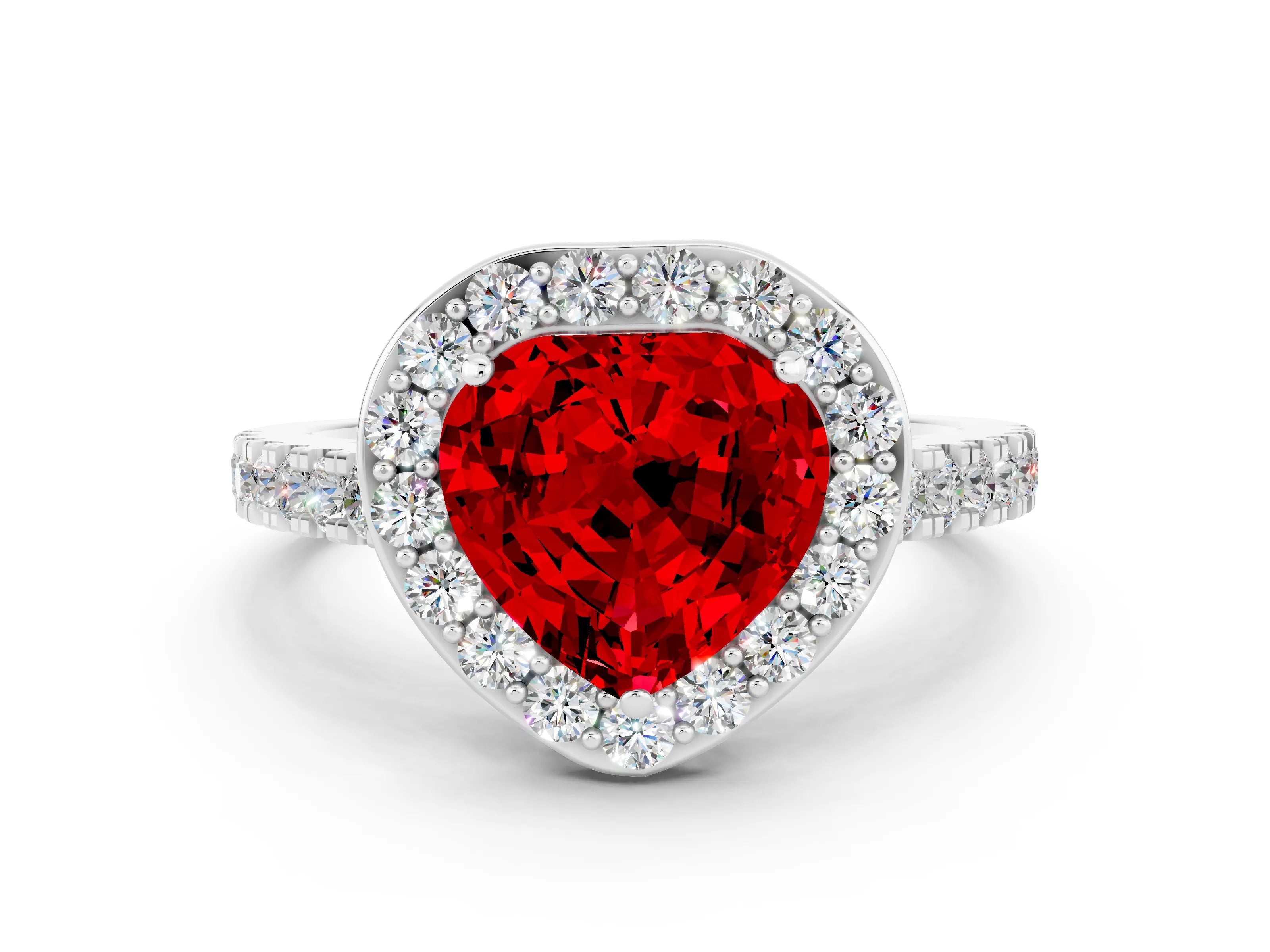 White gold Heart Cut Halo Diamond Ring with Pavé Band and Three-Prong Setting