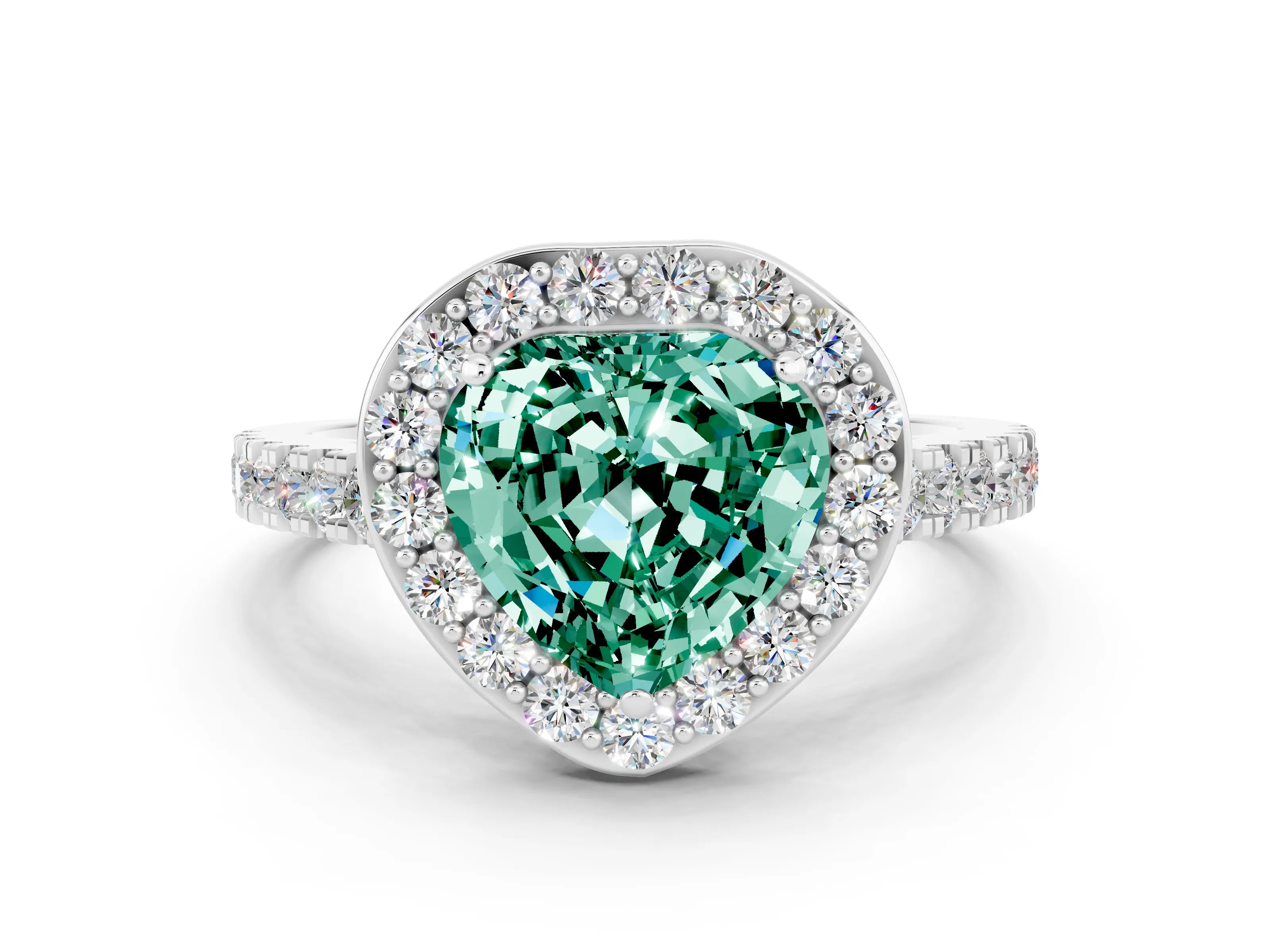 White gold Heart Cut Halo Diamond Ring with Pavé Band and Three-Prong Setting