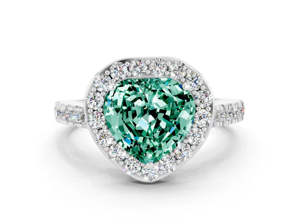 Platinum Heart Cut Green Sapphire Halo Ring with Round Pavé Split Shank and Prong Setting