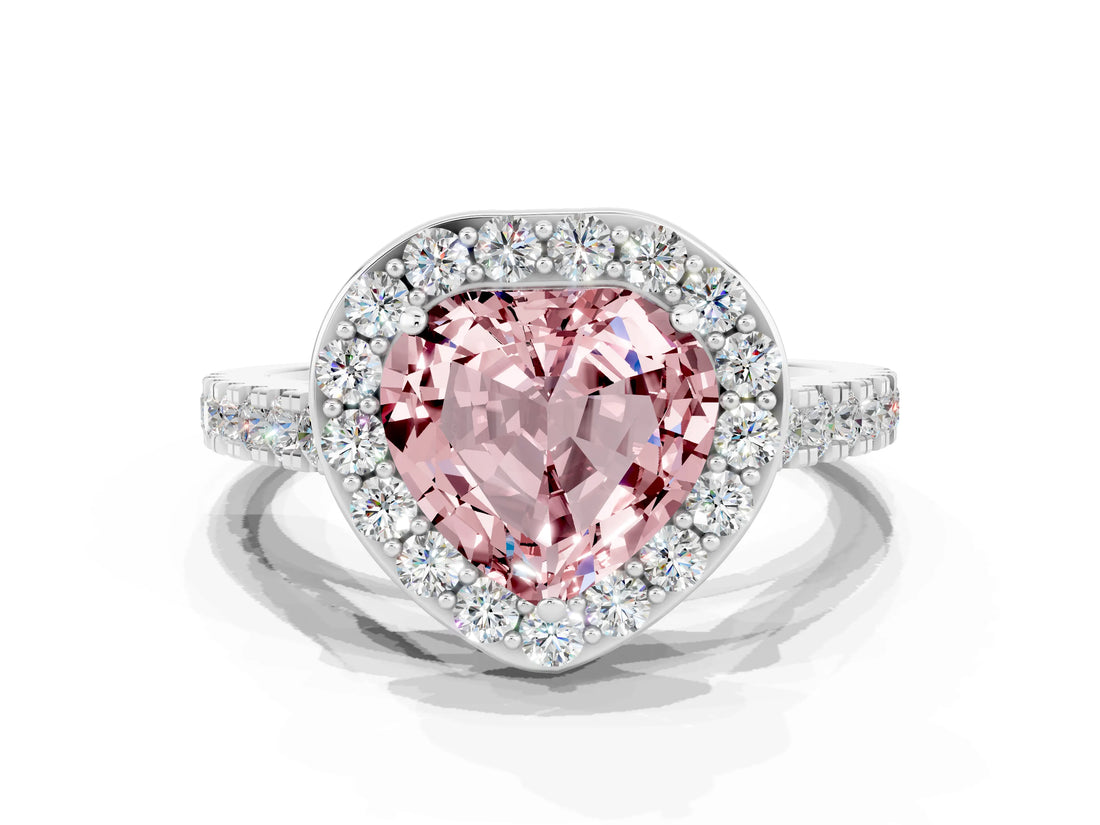 White gold Heart Cut Halo Diamond Ring with Pavé Band and Three-Prong Setting