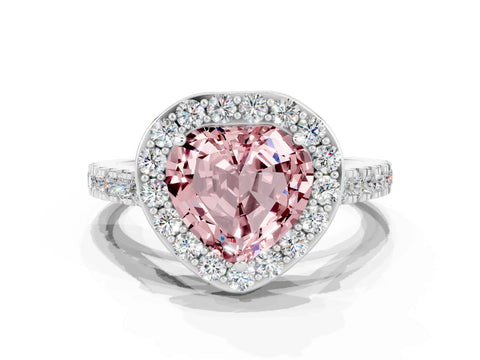 White gold Heart Cut Halo Diamond Ring with Pavé Band and Three-Prong Setting