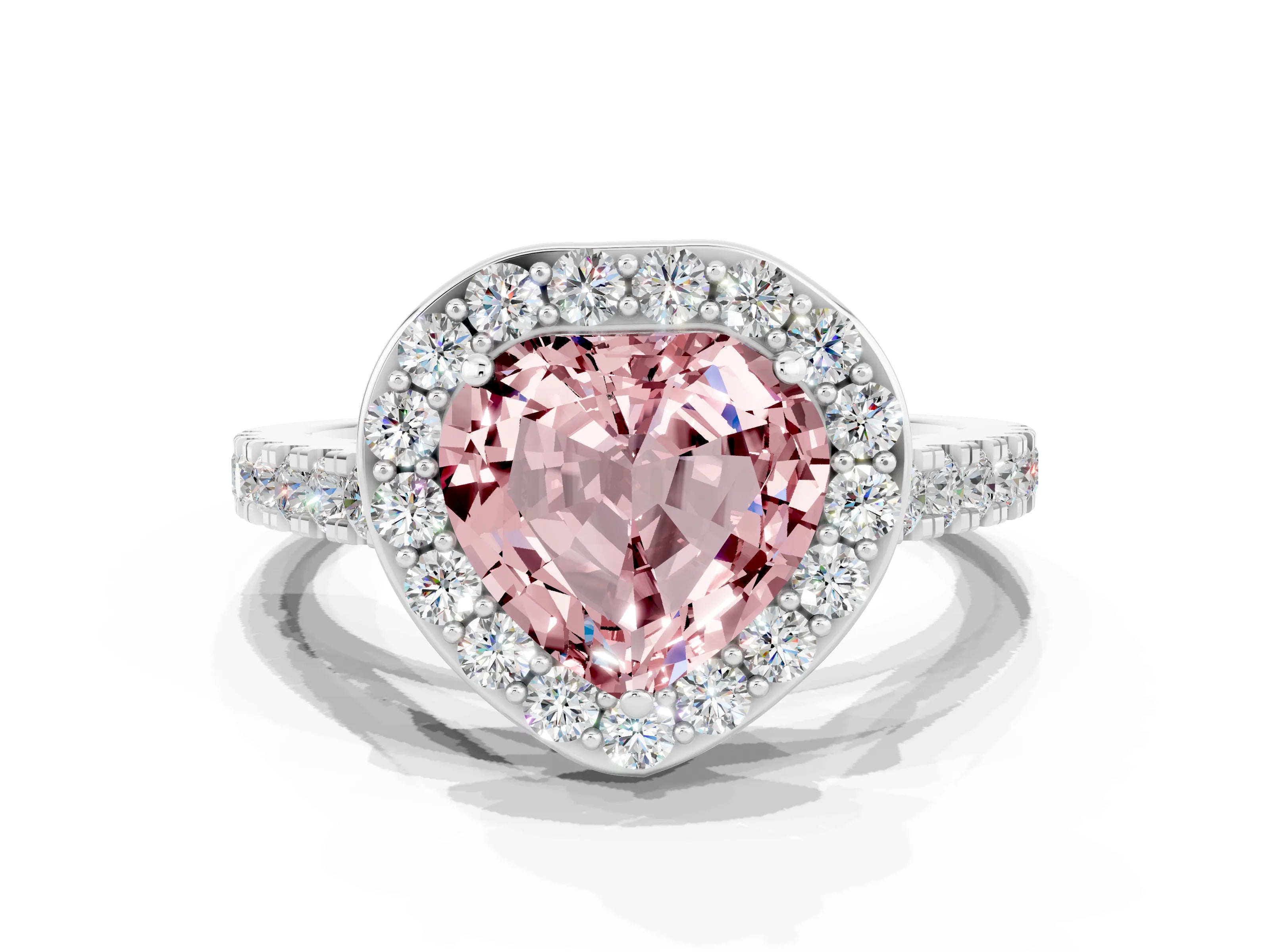 White gold Heart Cut Halo Diamond Ring with Pavé Band and Three-Prong Setting