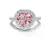 White gold Heart Cut Halo Diamond Ring with Pavé Band and Three-Prong Setting