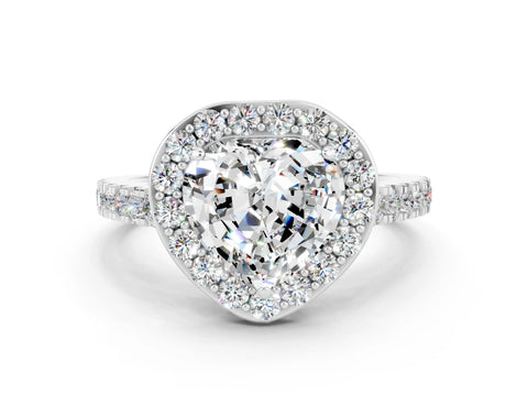 White gold Heart Cut Halo Diamond Ring with Pavé Band and Three-Prong Setting