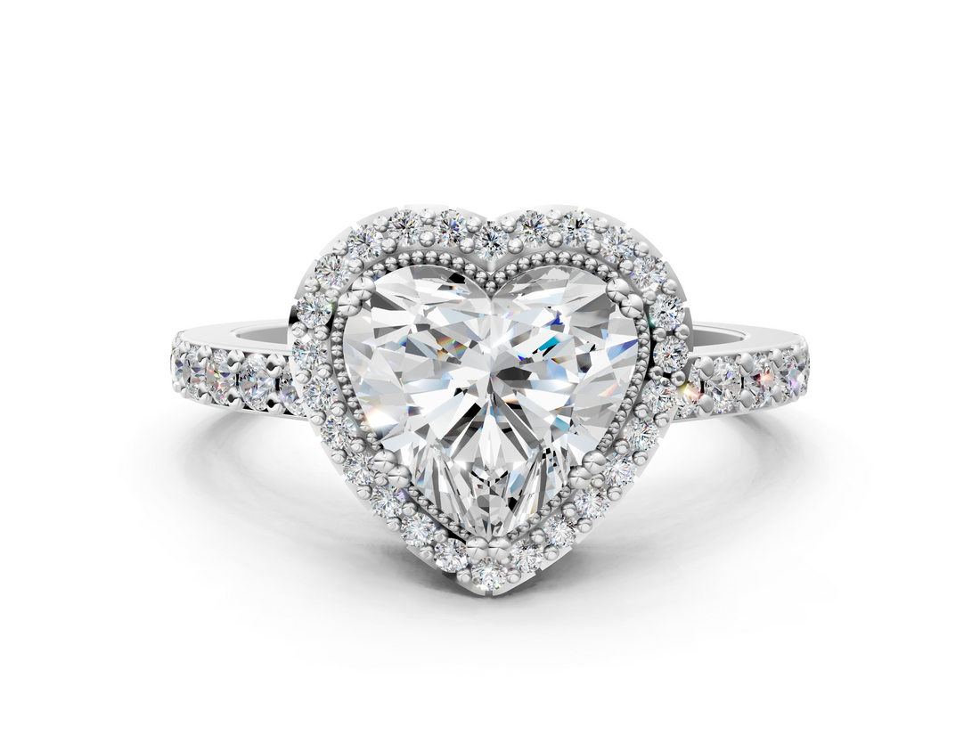 White gold Heart Cut Halo Diamond Ring with Pave Band and Four-Prong Setting_49
