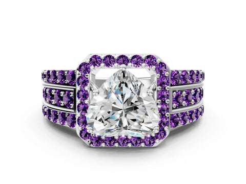 White gold Heart Cut Halo Diamond Ring with Round with Amethyst side stone Split Shank and Prong Setting_36