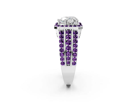 White gold Heart Cut Halo Diamond Ring with Round with Amethyst side stone Split Shank and Prong Setting_38