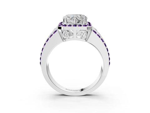 White gold Heart Cut Halo Diamond Ring with Round with Amethyst side stone Split Shank and Prong Setting_39