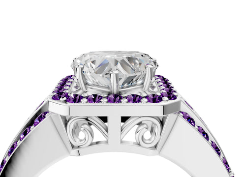 White gold Heart Cut Halo Diamond Ring with Round with Amethyst side stone Split Shank and Prong Setting_40