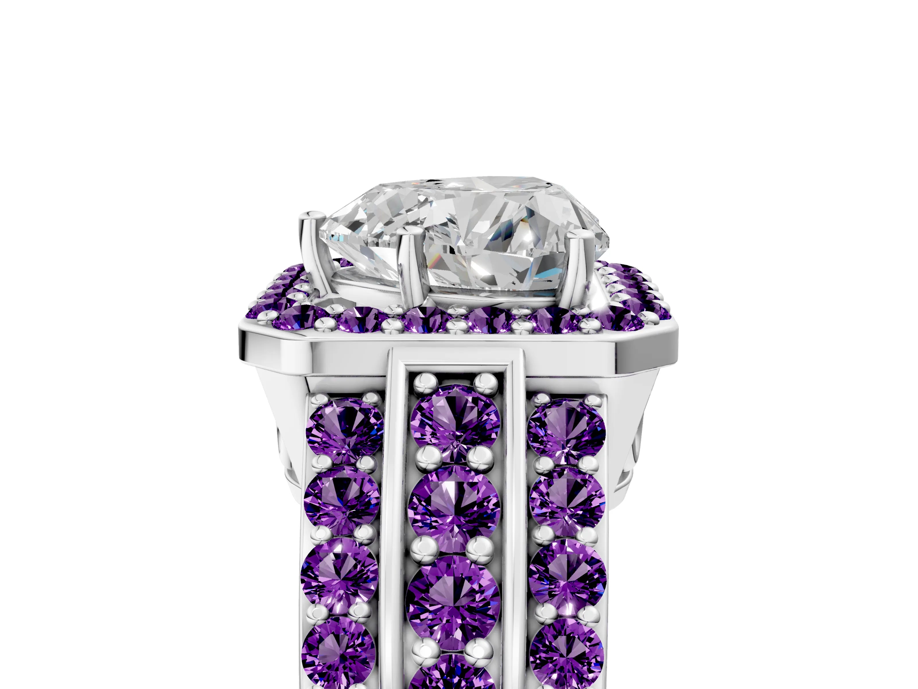 White gold Heart Cut Halo Diamond Ring with Round with Amethyst side stone Split Shank and Prong Setting_41