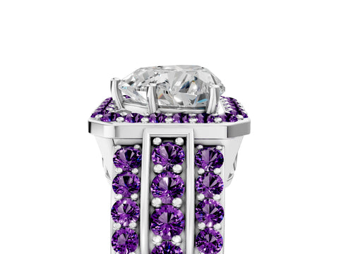 White gold Heart Cut Halo Diamond Ring with Round with Amethyst side stone Split Shank and Prong Setting_41