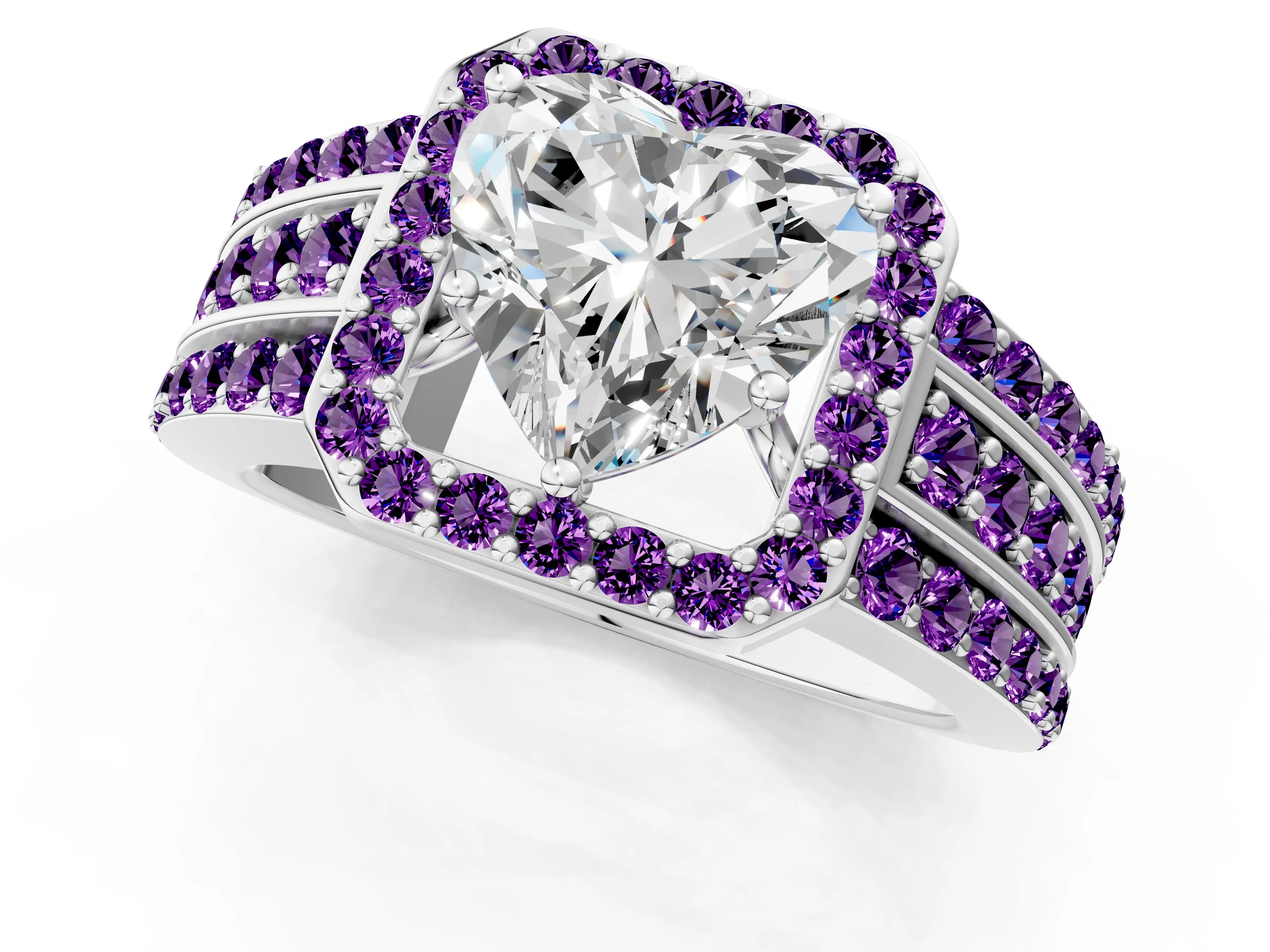 White gold Heart Cut Halo Diamond Ring with Round with Amethyst side stone Split Shank and Prong Setting_49