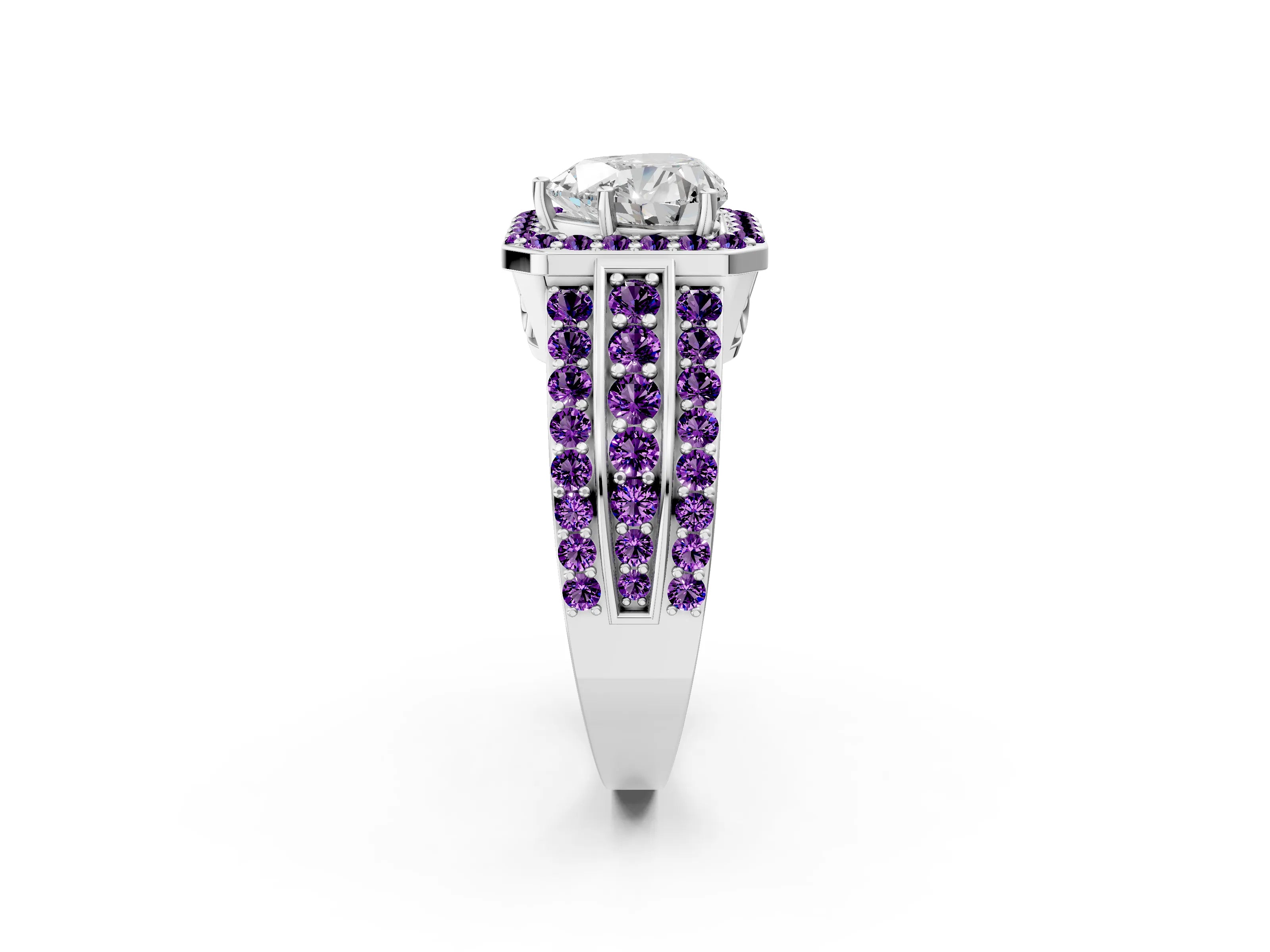 White gold Heart Cut Halo Diamond Ring with Round with Amethyst side stone Split Shank and Prong Setting_50