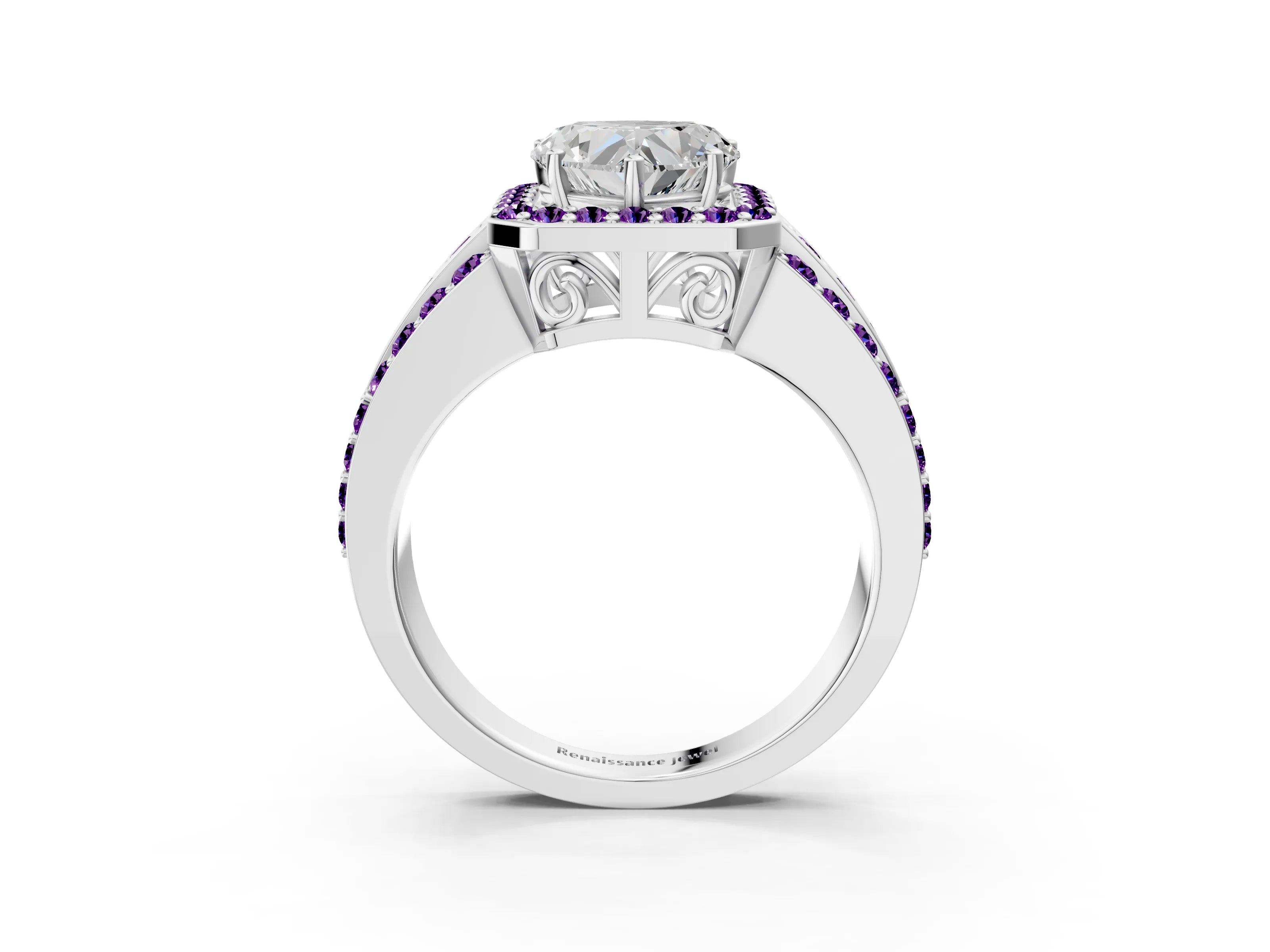 White gold Heart Cut Halo Diamond Ring with Round with Amethyst side stone Split Shank and Prong Setting_51