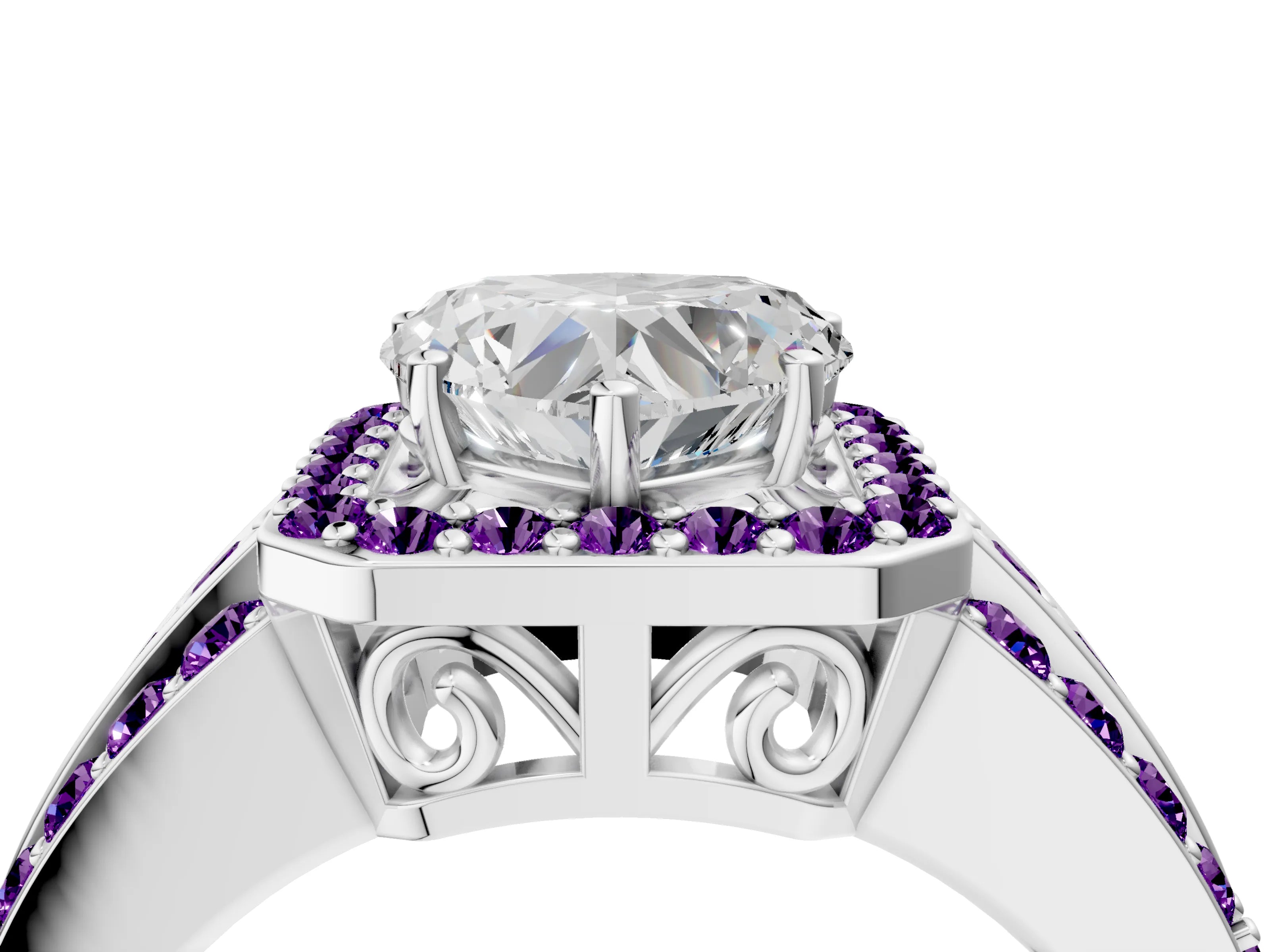 White gold Heart Cut Halo Diamond Ring with Round with Amethyst side stone Split Shank and Prong Setting_52