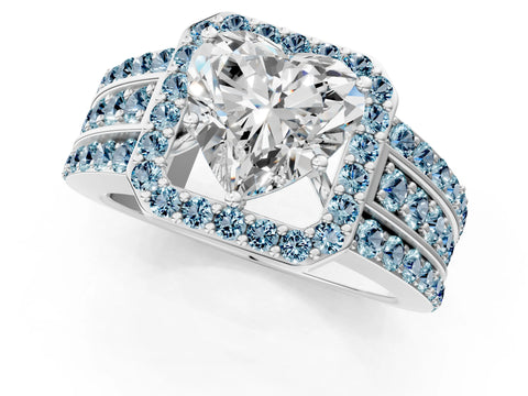 White gold Heart Cut Halo Diamond Ring with Round with Aquamarine side stone Split Shank and Prong Setting_25