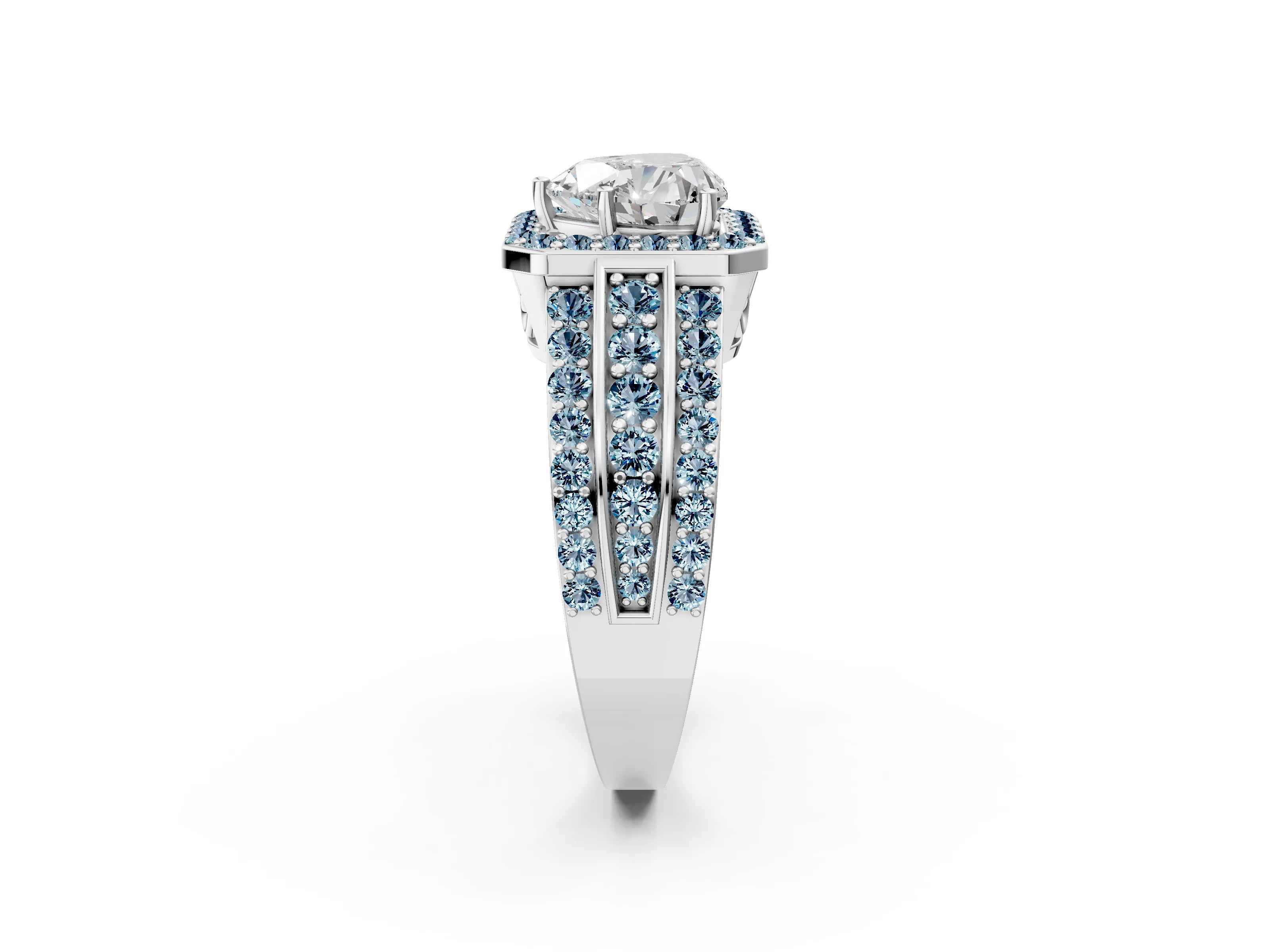 White gold Heart Cut Halo Diamond Ring with Round with Aquamarine side stone Split Shank and Prong Setting_26