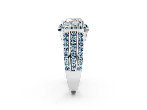 White gold Heart Cut Halo Diamond Ring with Round with Aquamarine side stone Split Shank and Prong Setting_26