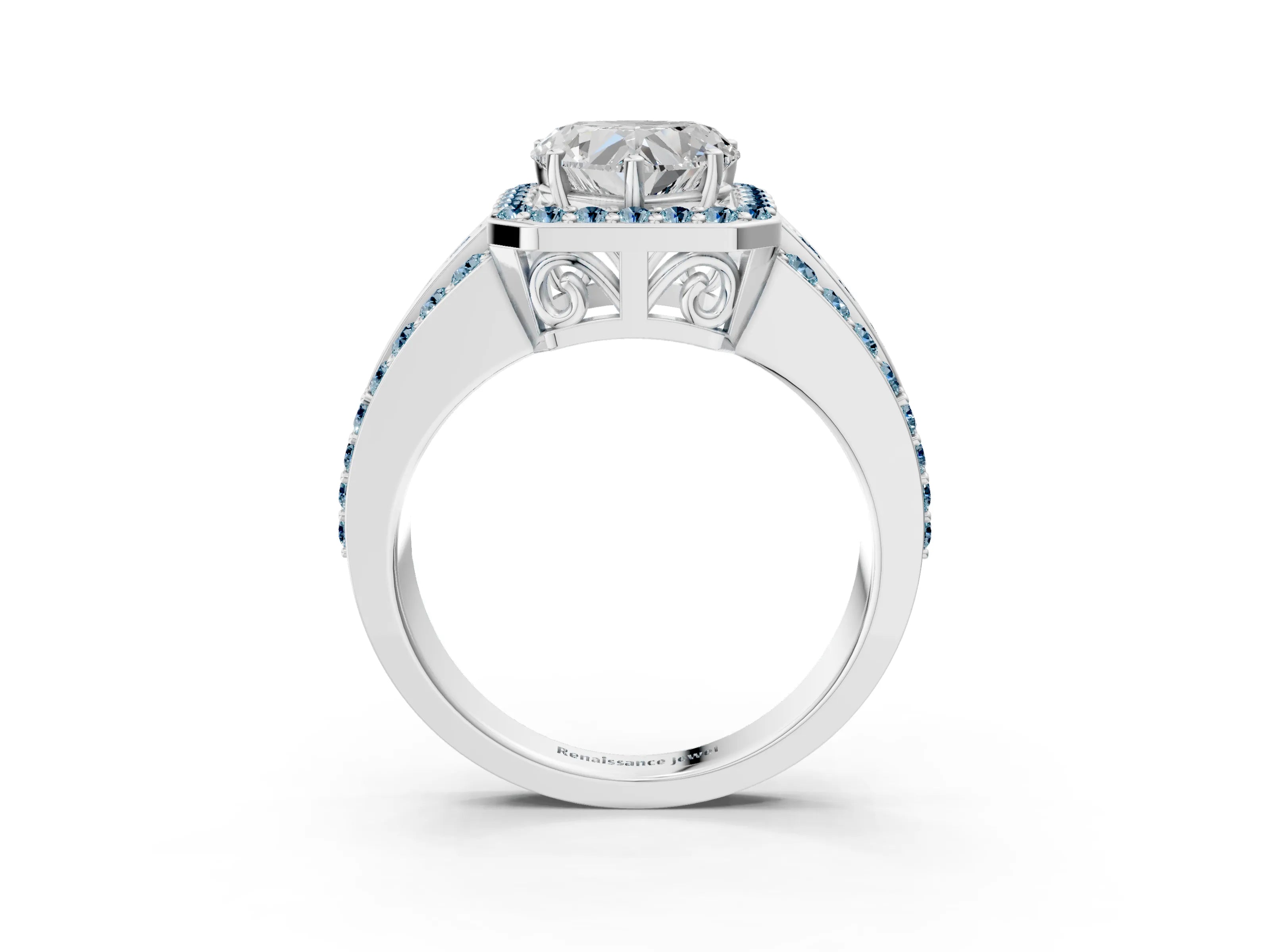 White gold Heart Cut Halo Diamond Ring with Round with Aquamarine side stone Split Shank and Prong Setting_27