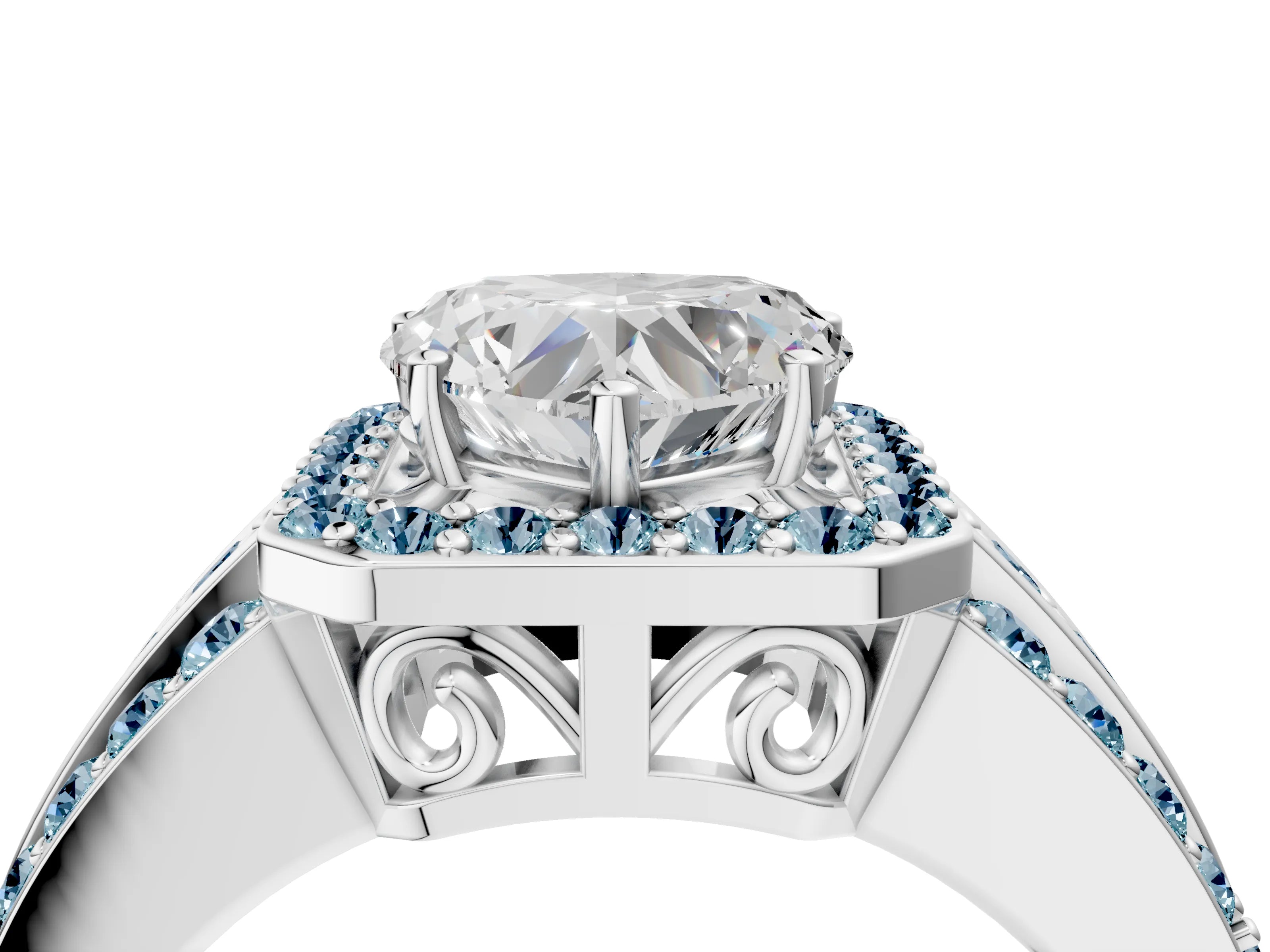 White gold Heart Cut Halo Diamond Ring with Round with Aquamarine side stone Split Shank and Prong Setting_28