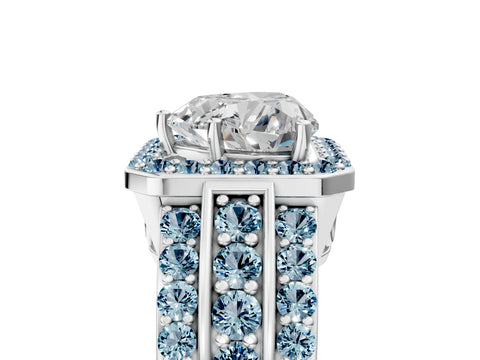White gold Heart Cut Halo Diamond Ring with Round with Aquamarine side stone Split Shank and Prong Setting_29