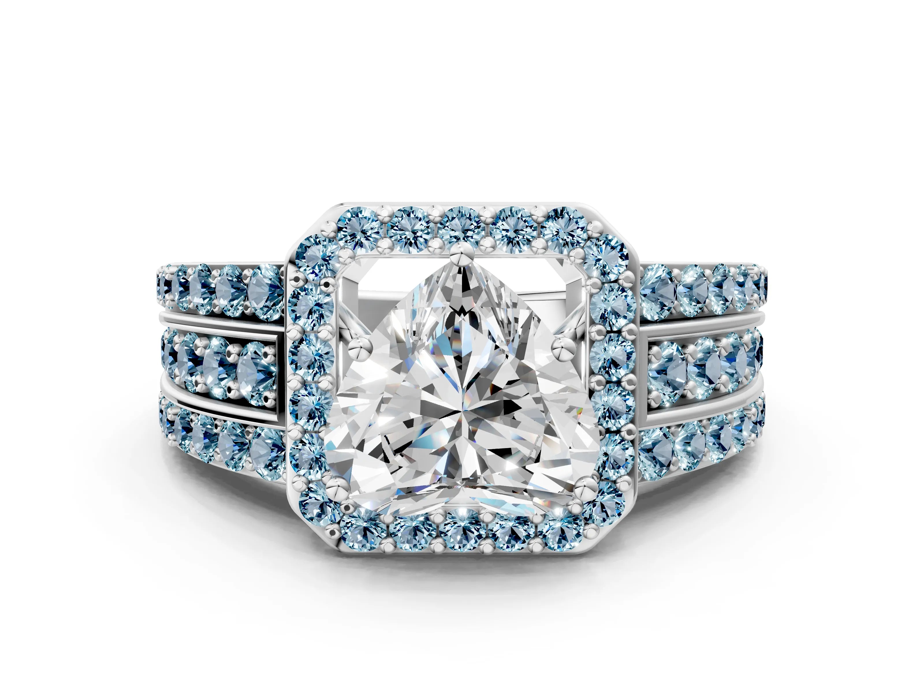 White gold Heart Cut Halo Diamond Ring with Round with Aquamarine side stone Split Shank and Prong Setting_36