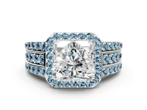 White gold Heart Cut Halo Diamond Ring with Round with Aquamarine side stone Split Shank and Prong Setting_36