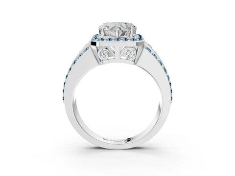 White gold Heart Cut Halo Diamond Ring with Round with Aquamarine side stone Split Shank and Prong Setting_39