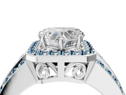 White gold Heart Cut Halo Diamond Ring with Round with Aquamarine side stone Split Shank and Prong Setting_40