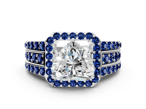 White gold Heart Cut Halo Diamond Ring with Round with Blue Sapphire side stone Split Shank and Prong Setting_36