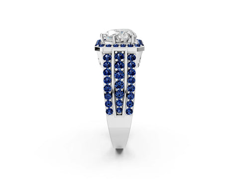 White gold Heart Cut Halo Diamond Ring with Round with Blue Sapphire side stone Split Shank and Prong Setting_38