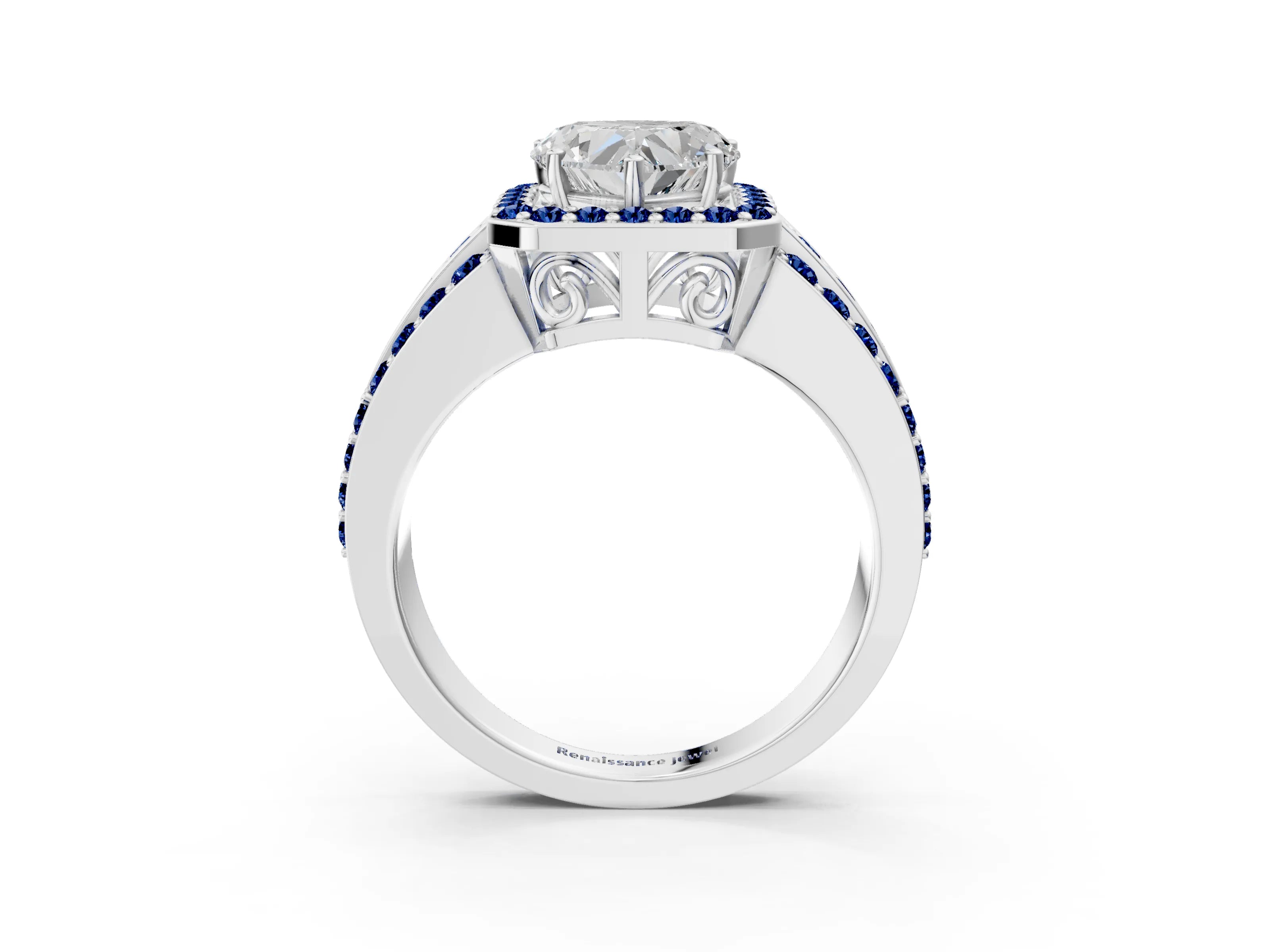 White gold Heart Cut Halo Diamond Ring with Round with Blue Sapphire side stone Split Shank and Prong Setting_39