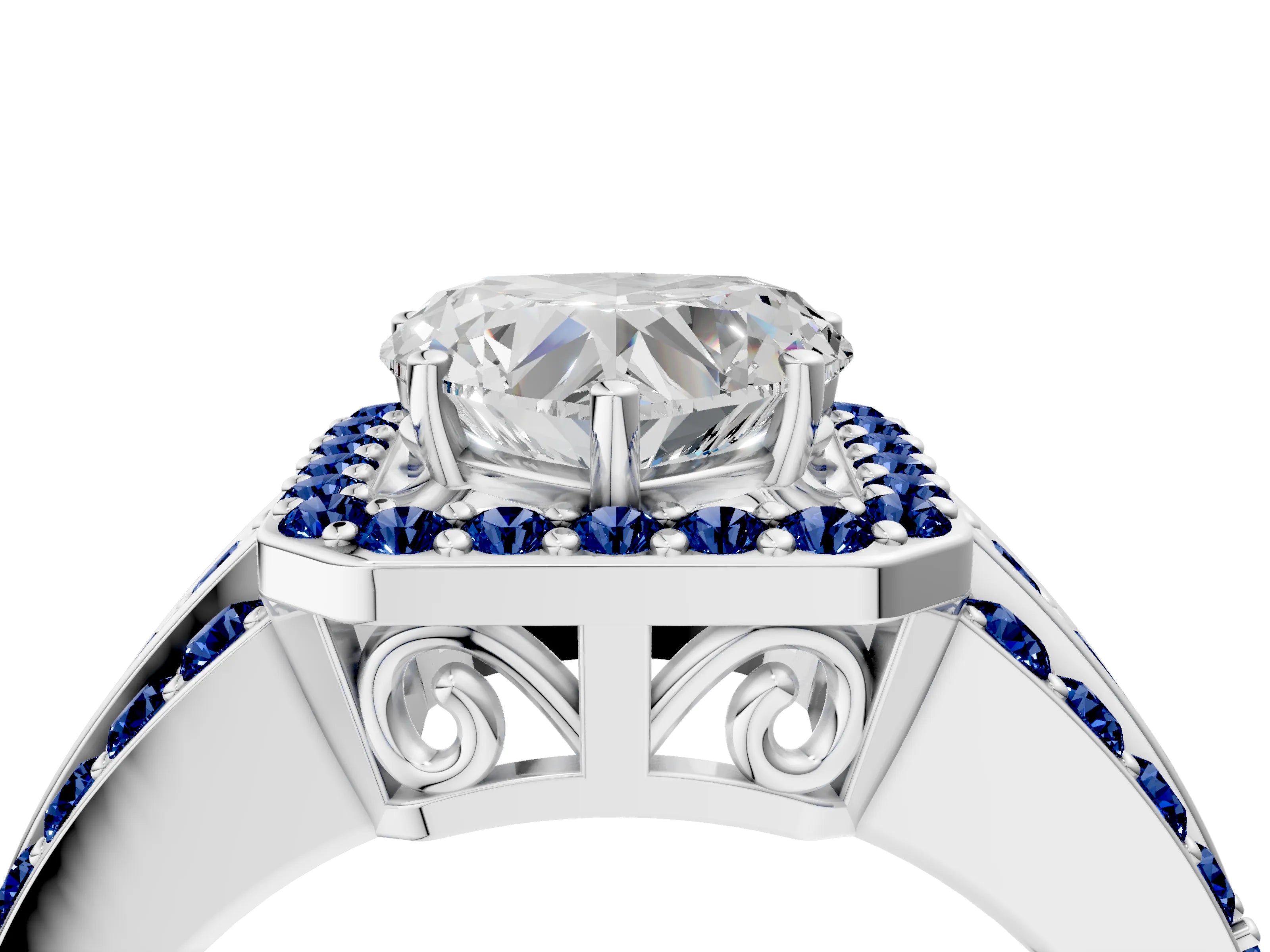 White gold Heart Cut Halo Diamond Ring with Round with Blue Sapphire side stone Split Shank and Prong Setting_40